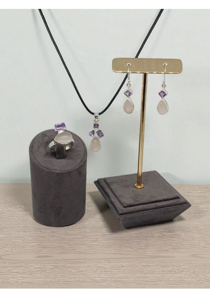 Pembe Kuvars ve Ametist Taşlı 925 Ayar Gümüş Takı Seti