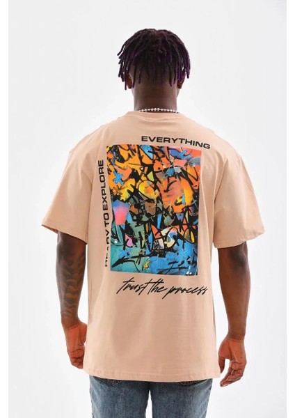 Unisex Bisiklet Yaka Baskılı Oversize T-Shirt - Bej