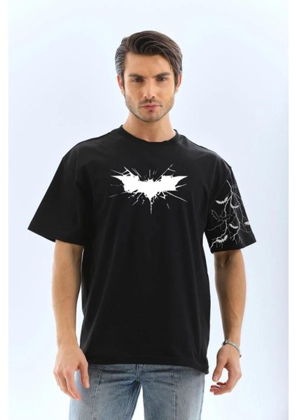 Unisex Ön ve Kol Baskılı Oversize T-Shirt - Siyah