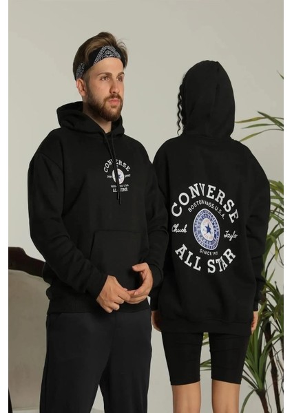 Unisex Oversize Üç Iplik Şardonlu Kapüşonlu Sweatshirt – All Star Ön ve Arka Baskılı, Kanguru Cepli, Rahat Kalıp Kışlık Model - Siyah