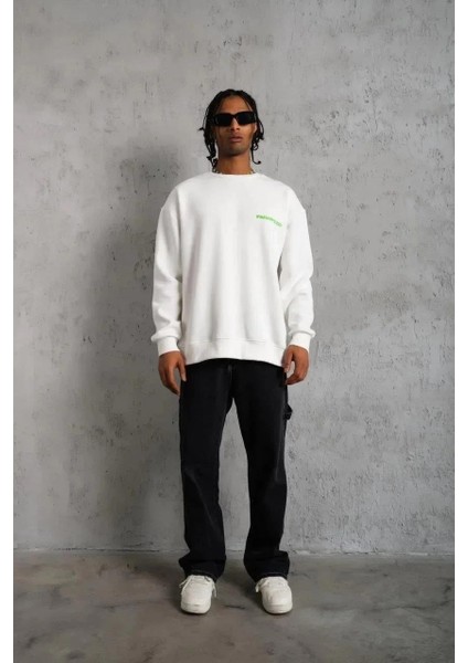 Erkek Oversize Sweatshirt – Beyaz Renk | Ön ve Sırt Baskılı, Üç Iplik Içi Pamuklu Kumaş, Rahat Kalıp, Ribanalı Kışlık Sweat | Winagain Polizei Serisi - Beyaz fırsatları
