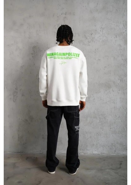 Erkek Oversize Sweatshirt – Beyaz Renk | Ön ve Sırt Baskılı, Üç Iplik Içi Pamuklu Kumaş, Rahat Kalıp, Ribanalı Kışlık Sweat | Winagain Polizei Serisi - Beyaz indirimleri