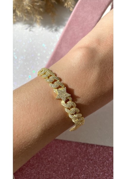 Altın Kaplama Yıldızlı Gurmet Model 925 Ayar Gümüş Bileklik