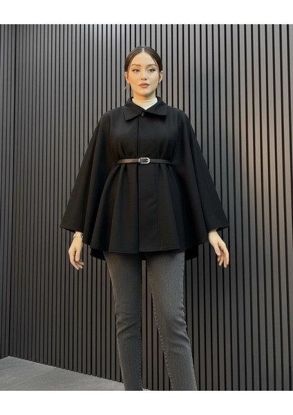 Kadın Krem Kemerli Kaşe Panço Kaban