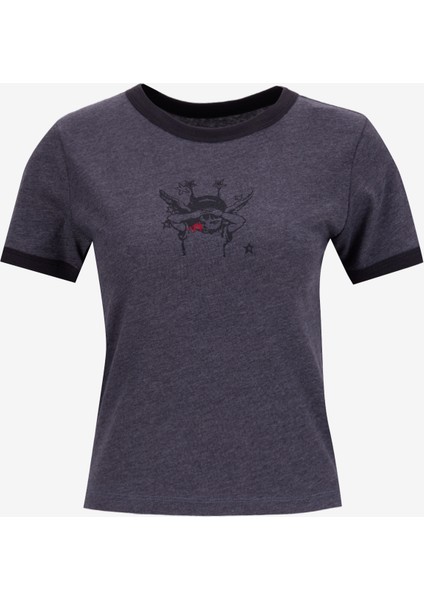 VN000RC1O8W1-CRUZING Ringer Tee Gri Bisiklet Yaka Normal Düz Kadın T-Shirt