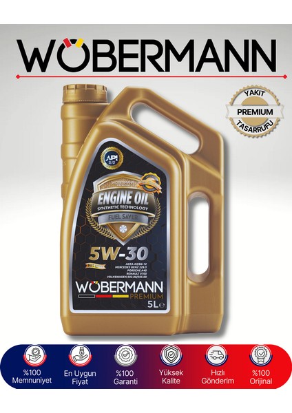 Premium 5W-30 Sentetik Motor Yağı 5 Litre - Yüksek Performans ve Yakıt Tasarrufu Sağlar