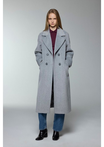 Kruvaze Yaka Cep Detaylı Kaşe Kaban