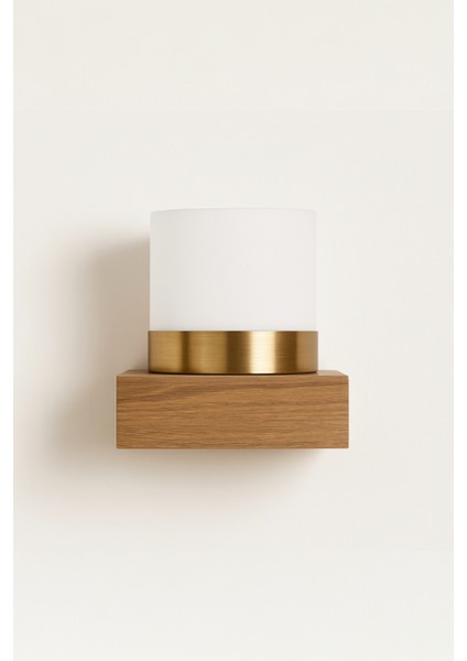 Ahşap & Pirinç Detaylı Duvar Apliği, Opal Silindir, 15×13 Cm, Koridor/antre/yatak Başı Aydınlatma