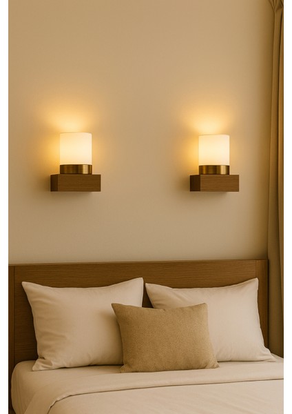 Ahşap & Pirinç Detaylı Duvar Apliği, Opal Silindir, 15×13 Cm, Koridor/antre/yatak Başı Aydınlatma fırsatları