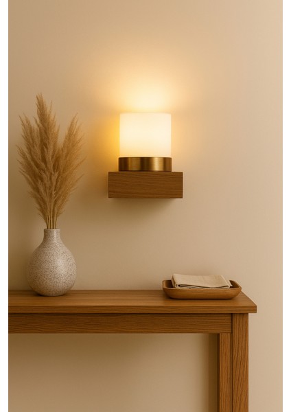 Ahşap & Pirinç Detaylı Duvar Apliği, Opal Silindir, 15×13 Cm, Koridor/antre/yatak Başı Aydınlatma indirimleri