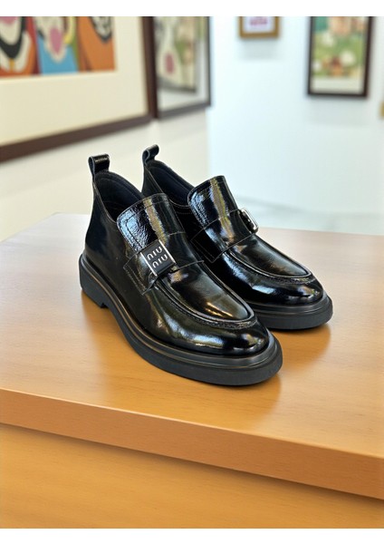 R8398 Siyah Rugan Hakiki Deri Tam Ortopedik Kadın Casual Günlük Ayakkabı