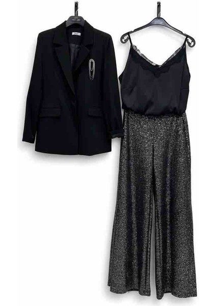 Kadın Siyah Payetli Geniş Paça Pantolon modelleri
