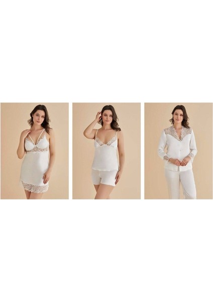 Saten Gecelik Sabahlık Pijama Takım Şort Takım 6'lı Gelin Çeyiz Seti 8670 modelleri
