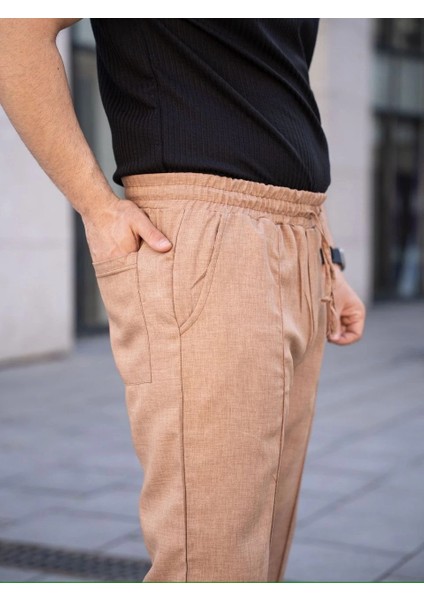 Erkek Keten Cepli Çıma Dikişli Jogger Buggy Pantalon Rahat Kalıp - Kahverengi fırsatları