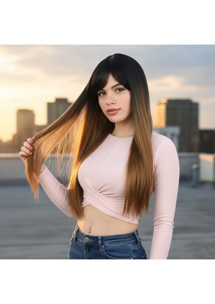 Fiber Sentetik Uzun Düz Kahküllü Peruk / Siyah / Karamel Ombreli