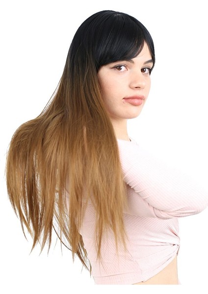 Fiber Sentetik Uzun Düz Kahküllü Peruk / Siyah / Karamel Ombreli modelleri