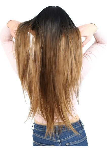 Fiber Sentetik Uzun Düz Kahküllü Peruk / Siyah / Karamel Ombreli indirimleri