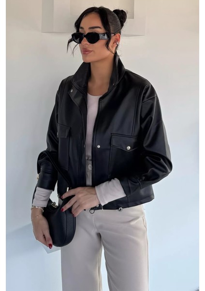 Kadın Iç Astarlı Çift Cepli Çıtçıtlı ve Fermuarlı Suni Deri Ceket P-00018516 fiyatları