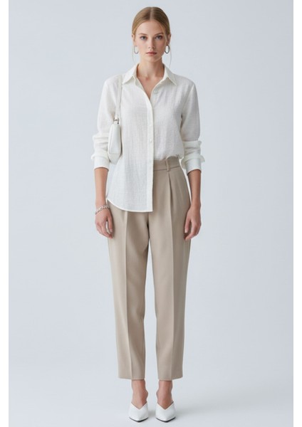 Kadın Beyaz Keten Klasik Regular Fit Gömlek Yaka Düğmeli Uzun Kollu Zarif Gömlek – Kadın Gömlek