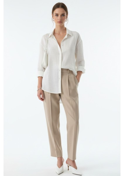 Kadın Beyaz Keten Klasik Regular Fit Gömlek Yaka Düğmeli Uzun Kollu Zarif Gömlek – Kadın Gömlek fiyatları