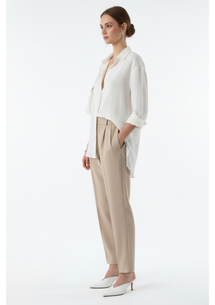 Kadın Beyaz Keten Klasik Regular Fit Gömlek Yaka Düğmeli Uzun Kollu Zarif Gömlek – Kadın Gömlek modelleri