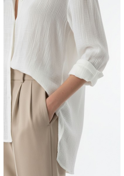 Kadın Beyaz Keten Klasik Regular Fit Gömlek Yaka Düğmeli Uzun Kollu Zarif Gömlek – Kadın Gömlek fırsatları