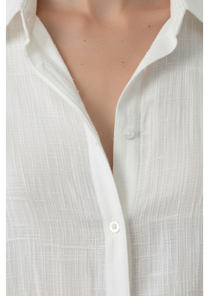 Kadın Beyaz Keten Klasik Regular Fit Gömlek Yaka Düğmeli Uzun Kollu Zarif Gömlek – Kadın Gömlek indirimleri
