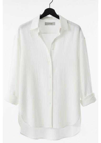 Kadın Beyaz Keten Klasik Regular Fit Gömlek Yaka Düğmeli Uzun Kollu Zarif Gömlek – Kadın Gömlek