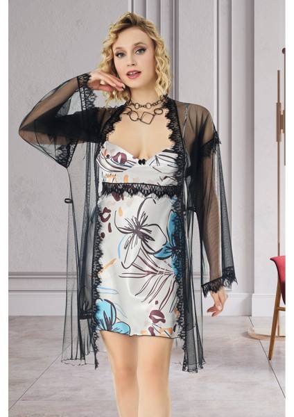 Yeni Sezon Tül Detaylı Çiçek Desenli Kadın Şık Günlük Rahat 2'li Takım - Gecelik ve Sabahlık