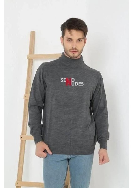 Unisex Yarım Boğazlı Baskılı Dokuma Triko - Füme