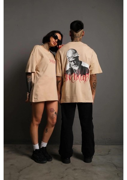 Erkek Oversize Tişört – Beyaz 24/1 Penye Kumaş, Bisiklet Yaka, Ön & Arka Baskılı, Streetwear Tarzı Rahat Büyük Kalıp T-Shirt - Bej modelleri