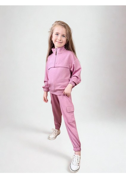 Fermuarlı Kargo Cepli Kız Çocuk Takım Pembe