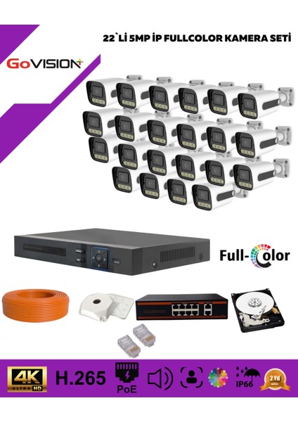Go Vision 22'li Güvenlik Ip Kamera Seti - 5mp Dış Mekan Kamera, 3.6mm Lens, H.265, Poe, Warm LED Gece Görüşlü