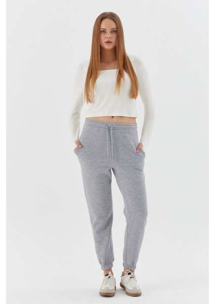 Paçası Lastikli Şardonlu Eşofman Altı Grı Melange