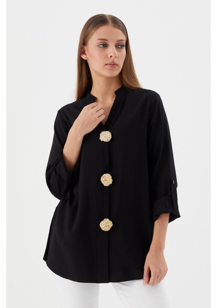 Tasarım Düğmeli Tunik Gömlek Sıyah
