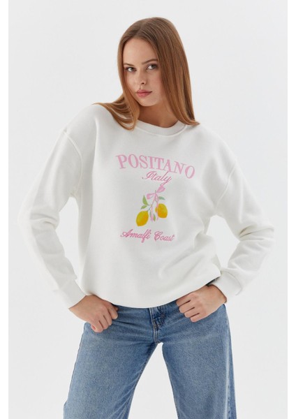 Baskılı Oversize Sweatshirt Ekru