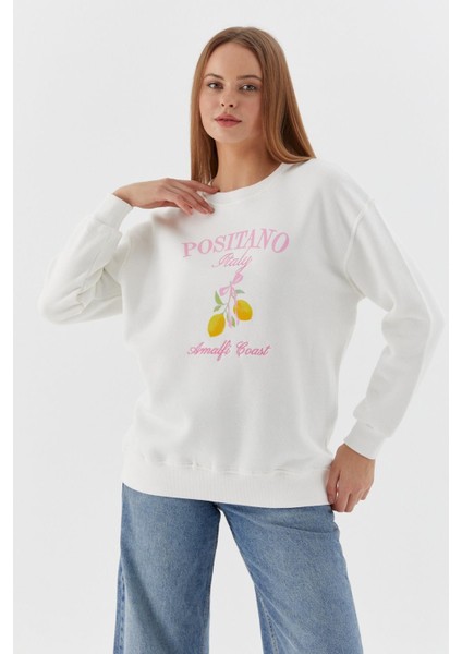 Baskılı Oversize Sweatshirt Ekru fiyatları