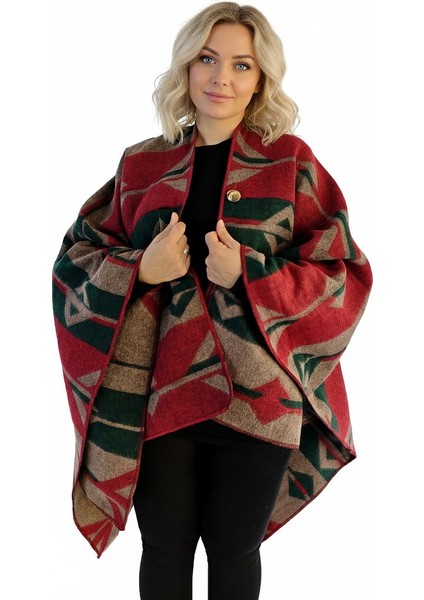 Yeşil Bej Kırmızı Etnik Desenli Tüylenmez Yünlü Sıcak Tutan Unisex Kampçı Panço Kışlık Şal