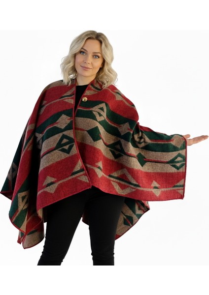 Yeşil Bej Kırmızı Etnik Desenli Tüylenmez Yünlü Sıcak Tutan Unisex Kampçı Panço Kışlık Şal fiyatları