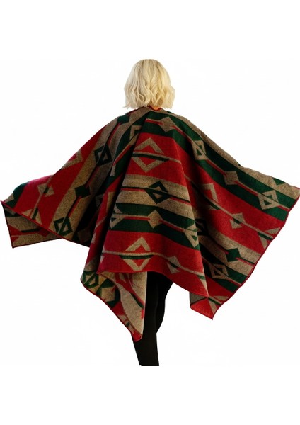 Yeşil Bej Kırmızı Etnik Desenli Tüylenmez Yünlü Sıcak Tutan Unisex Kampçı Panço Kışlık Şal modelleri