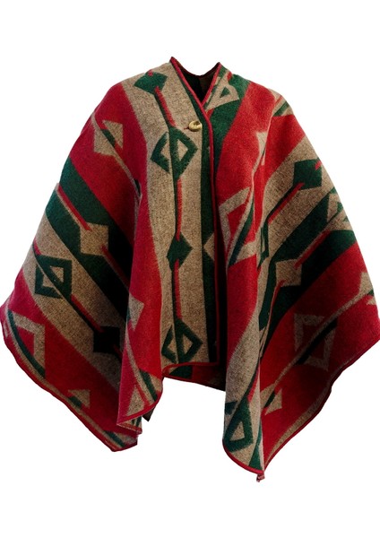 Yeşil Bej Kırmızı Etnik Desenli Tüylenmez Yünlü Sıcak Tutan Unisex Kampçı Panço Kışlık Şal fırsatları