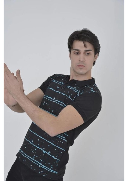 Erkek Yakalı Slim Fit Pike Çizgili T-Shirt - Siyah modelleri