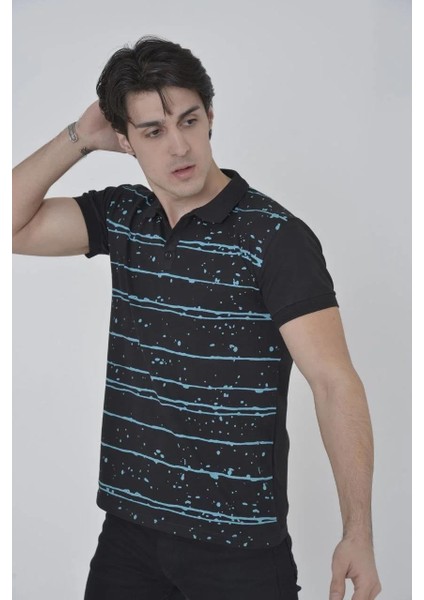 Erkek Yakalı Slim Fit Pike Çizgili T-Shirt - Siyah indirimleri