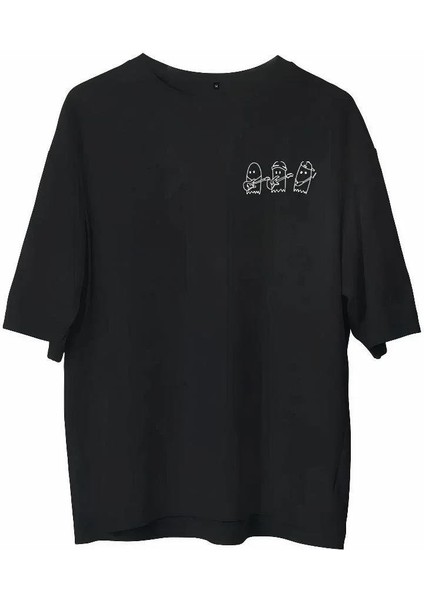 Unisex Bisiklet Yaka Baskılı Oversize T-Shirt - Siyah