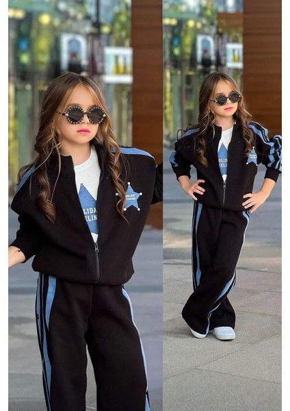 Yıldız Desenli Fermuarlı Şeritli Kışlık 3 Lü Kız çocuk takım - Siyah