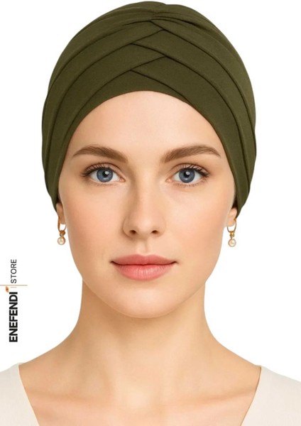 Üç Bantlı Dış Bone | Haki Hijab • Tesettür Giyim Için Şık • Modern • Pratik ve Konforlu Kullanım