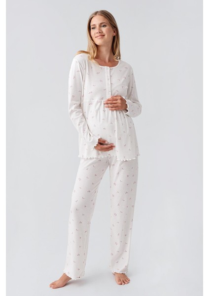 Uzun Kollu Desenli Düğmeli Esnek Pamuklu Hamile Pijama Takım 18218