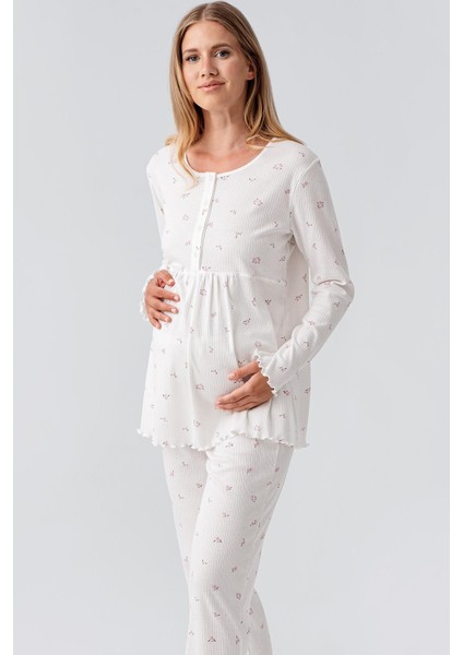 Uzun Kollu Desenli Düğmeli Esnek Pamuklu Hamile Pijama Takım 18218 modelleri