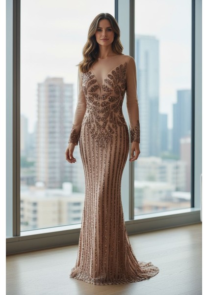 Özel Gün Nişan Söz Balo Taşlı Simli Payetli Tül Detay Özel Tasarım Balık Uzun Abiye Pudra Pembe