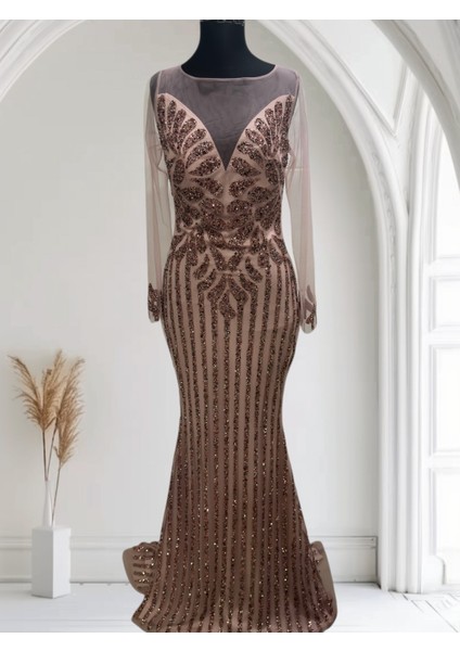 Özel Gün Nişan Söz Balo Taşlı Simli Payetli Tül Detay Özel Tasarım Balık Uzun Abiye Pudra Pembe fiyatları